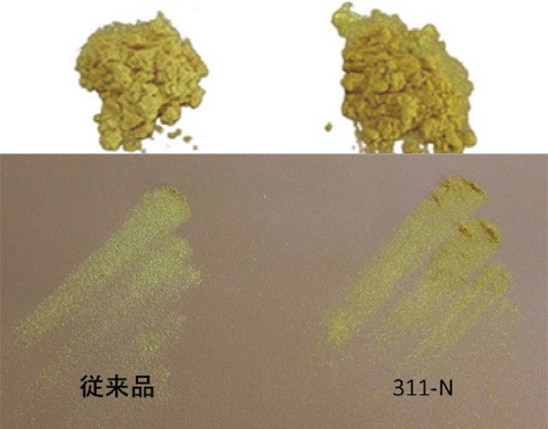 人工皮膚模型に塗布したときの発色(当社従来品との比較)