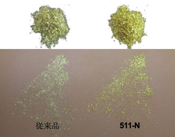 人工皮膚模型に塗布したときの発色（当社従来品との比較）